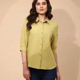 Global Republic Light Olive Cotton Regular Fit Shirt-image-5