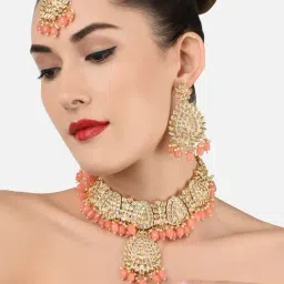 Zaveri Pearls Peach Beads & Dazzling Kundan Necklace, Earring, Maangtikka & Ring Set-ZPFK11591-picture-20
