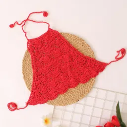 Woonie Cotton Halter Neck Handmade  Top - Red-image-7