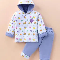 Child World Cotton Knit Full Sleeves Hooded Front Open Winter Wear Suit With Fruits Print -  Blue & White-image-83