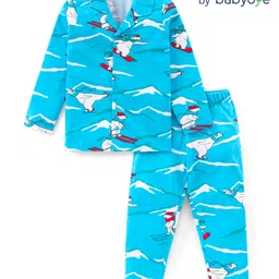 Babyoye 100% Cotton Knit Full Sleeves Night Suit With Polar Bear Print - Blue-picture-13