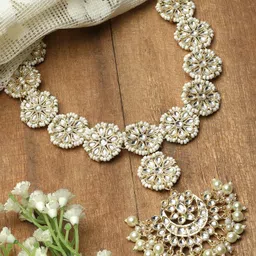 ZENEME Gold-Plated White Kundan studded Vilandi Crescent Shaped Sheeshphool - White Colour-picture-16