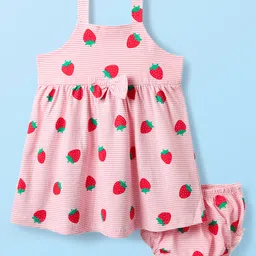 Babyhug Single Jersey Knit Sleeveless Striped Frock With Strawberry Print & Bloomer - Pink-picture-24