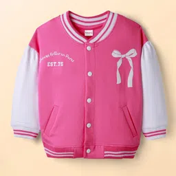 Babyhug Cotton Knit Drop Shoulder Full Sleeves Bomber Jacket with Bow Graphics - Pink-picture-34