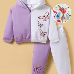 Mark & Mia Fleece Knit Full Sleeves Cut & Sew Hooded Sweatshirt & Joggers Sets with Butterfly Graphics - White & Purple-picture-21