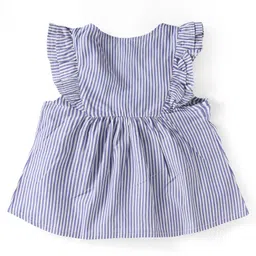 Babyhug Single Jersey Knit Frill Sleeves Striped Front Open Top & Pant Set with Floral Print & Embroidery - Navy Blue image 3