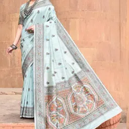 Elora Aqua Blue Silk Printed Saree With Unstitched Blouse-image-27
