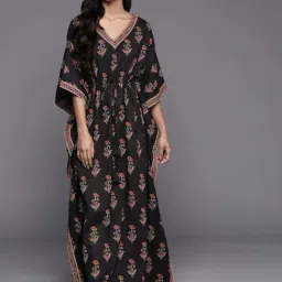 Libas Black Regular Fit Floral Print Kaftan Night Dress-image-30