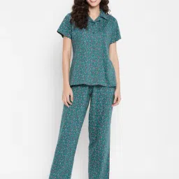 Clovia Blue Cotton Printed Shirt Pyjamas Set-picture-31