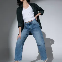 Hubberholme Blue Cotton Straight Fit High Rise Jeans image 4