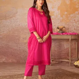 House Of Chikankari Magenta Silk Regular Fit Kurta Set-picture-19