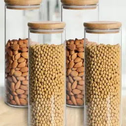 ALLO Transparent Borosilicate Glass Round Jar with Wooden Lid - Set of 4 (1000 ml) image 1