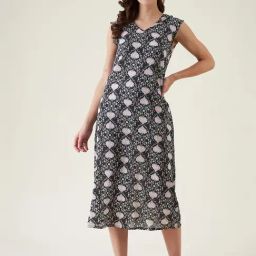 The Kaftan Company Black Cotton Printed Night Dress-picture-1