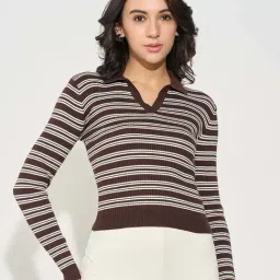 Honey By Pantaloons Brown Skinny Fit Striped Polo Top-image-76