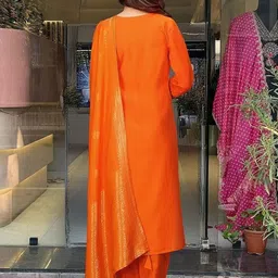 MEHZEEL FAB Ethnic Motifs Embroidered Notch Neck Straight Kurta With Trousers & Dupatta image 3