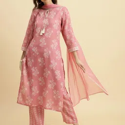 KSUT Floral Printed Tie-Up Neck Thread Work Kurta With Trouser-image-14