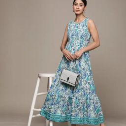Label Ritu Kumar Blue Rayon Botanic Print Fit & Flare Dress-picture-18