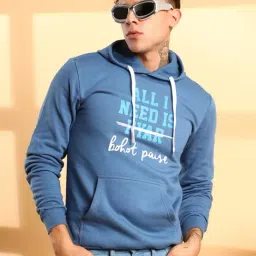 Campus Sutra Blue Cotton Regular Fit Printed Hooded Sweatshirt-picture-21