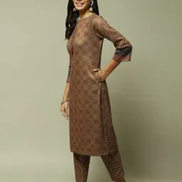 Biba Deep Mustard Straight Fit Printed Kurta Set image 3
