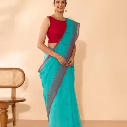 Taneira Light Blue Cotton Embroidered Saree With Unstitched Blouse image 3