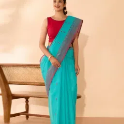Taneira Light Blue Cotton Embroidered Saree With Unstitched Blouse image 4