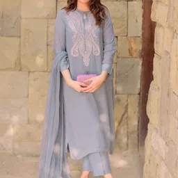 KALINI Paisley Embroidered Straight Kurta with Trousers & Dupatta-image-67
