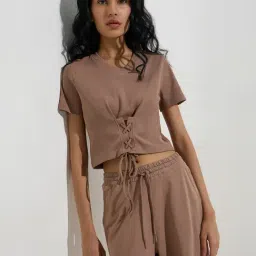 studiofit women Studiofit by Westside Taupe Criss-Cross Detailed Cotton-Blend T-Shirt-picture-30