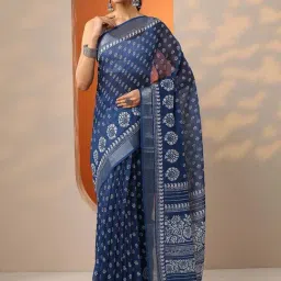 Libas Blue Regular Fit Printed Saree With Unstitched Blouse-image-31