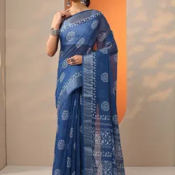 Libas Blue Regular Fit Printed Saree With Unstitched Blouse-picture-20