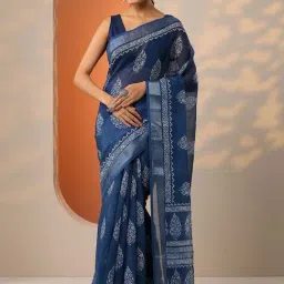 Libas Blue Regular Fit Printed Saree With Unstitched Blouse-image-53