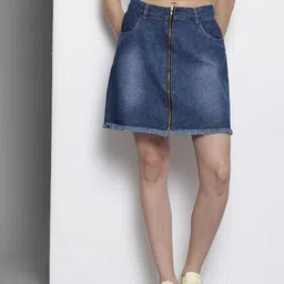 SASSAFRAS Blue Solid Pure Cotton Denim Front Zipper Mini Skirt-picture-30