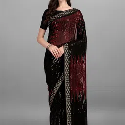 CANIZZARO Embellished Sequinned Pure Georgette Heavy Work Saree-image-14