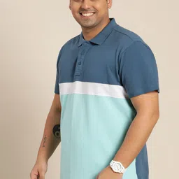 Sztori Men Plus Size Blue & White Colourblocked Polo Collar T-shirt image 4