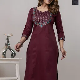 AUZAAI COLLECTION Selection Of 2 Floral Embroidered Round Neck Thread Work Cotton Kurtas-picture-18