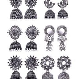 Sangria Set Of 6 Silver-Plated Dome Shaped Oxidized Jhumkas-image-32