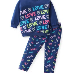Babyhug 100% Cotton Knit Full Sleeves Oversized Sweat Shirt & legging With Text & Heart Print - Navy Blue image 1
