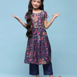 BIBA  Half Sleeves Floral Printed & Lace Embellished Kurta With Palazzo Set - Blue-picture-12