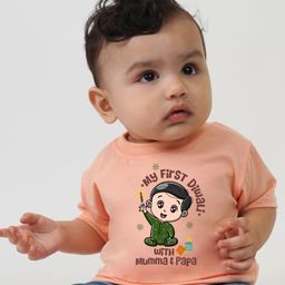 KNITROOT Diwali Theme Half Sleeves My First Diwali Boy With Mumma & Papa Text Printed Tee - Peach-picture-19