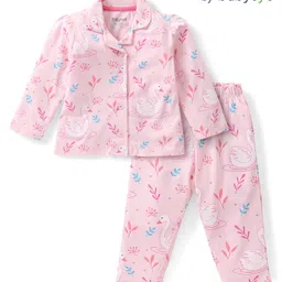 Babyoye Eco Conscious Cotton Modal Full Sleeves Night Suit With Swan Print - Light Pink-picture-13
