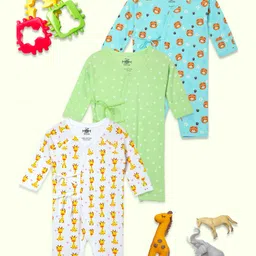 The Mom Store Cotton Pack Of 3 Full Sleeves Animals & Floral Printed Rompers - Multi Colour-image-92