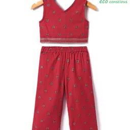 Babyoye Cotton Flax Woven Sleeveless Indo Western Set With Floral Print - Red image 1