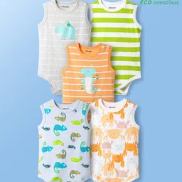 Babyoye 100% Cotton Knit Sleeveless Striped & Animals Printed Onesies Pack of 5 - Multicolor-image-58