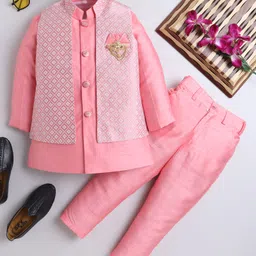 Ahhaaaa Silk Blend Full Sleeves Solid Kurta & Pant With Floral Embroidered Jacket Set - Pink-picture-26