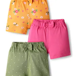 Babyhug Cotton Single Jersey Knit Floral & Polka Dot Printed Shorts With Bow Applique Pack of 3 - Pink Yellow & Green-picture-25