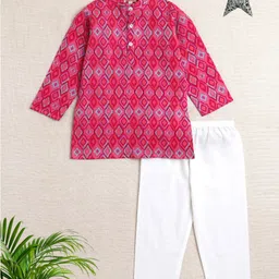 The Magic Wand Cotton Woven Full Sleeves Ikat Printed Kurta & Pyjama Set - Pink-picture-35