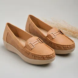 Shoetopia Metal Applique Detailed Slip On Loafers - Tan image 1