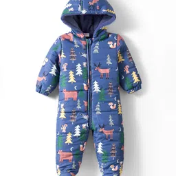 Babyhug Woven Full Sleeves Winter Wear Footed & Hooded Romper With Animal Print - Blue-picture-17