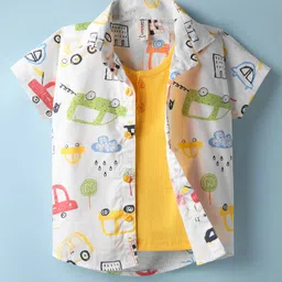 Dapper Dudes Half Sleeves Cars Printed Shirt With Attached Tee - White & Lemon-picture-15