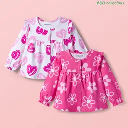 Babyoye 100% Cotton Knit Eco Jiva Finish Full Sleeves Front Open Jhablas with Heart & Floral Print Pack of 2 - Dark Pink & White-image-54