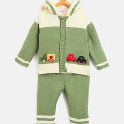JWAAQ Cotton Knit Full Sleeves Colour Blocked & Fur Detailed Hooded Sweater With Pant Set - Green-picture-47
